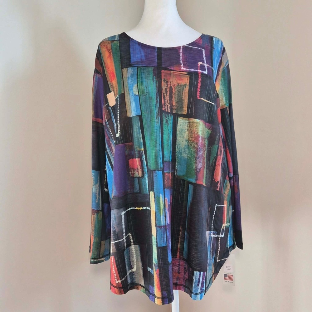 Jess & Jane NWT Artsy Abstract Made In USA Multicolor Collage Disco Shirt Top XL